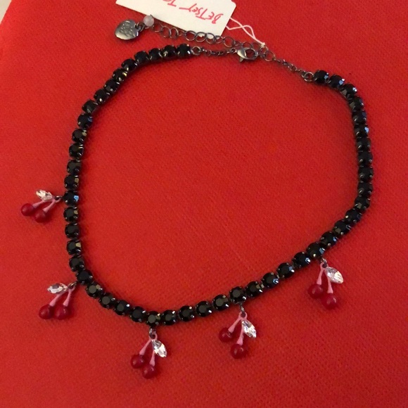 Betsey Johnson Hematite Tone Black Crystal Tennis Necklace Cherry Charms NWT - Picture 6 of 12